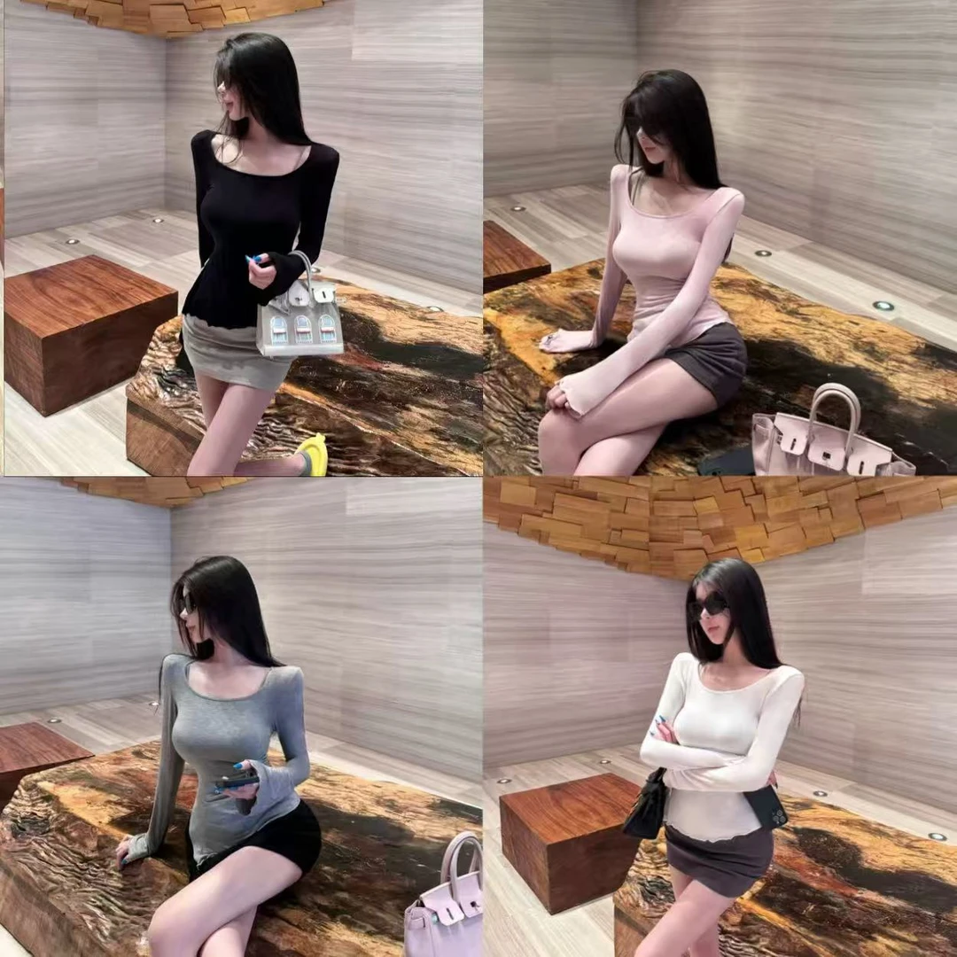 2025韩系甜辣U领长袖T恤打底衫女早秋短款不规则内搭正肩上衣