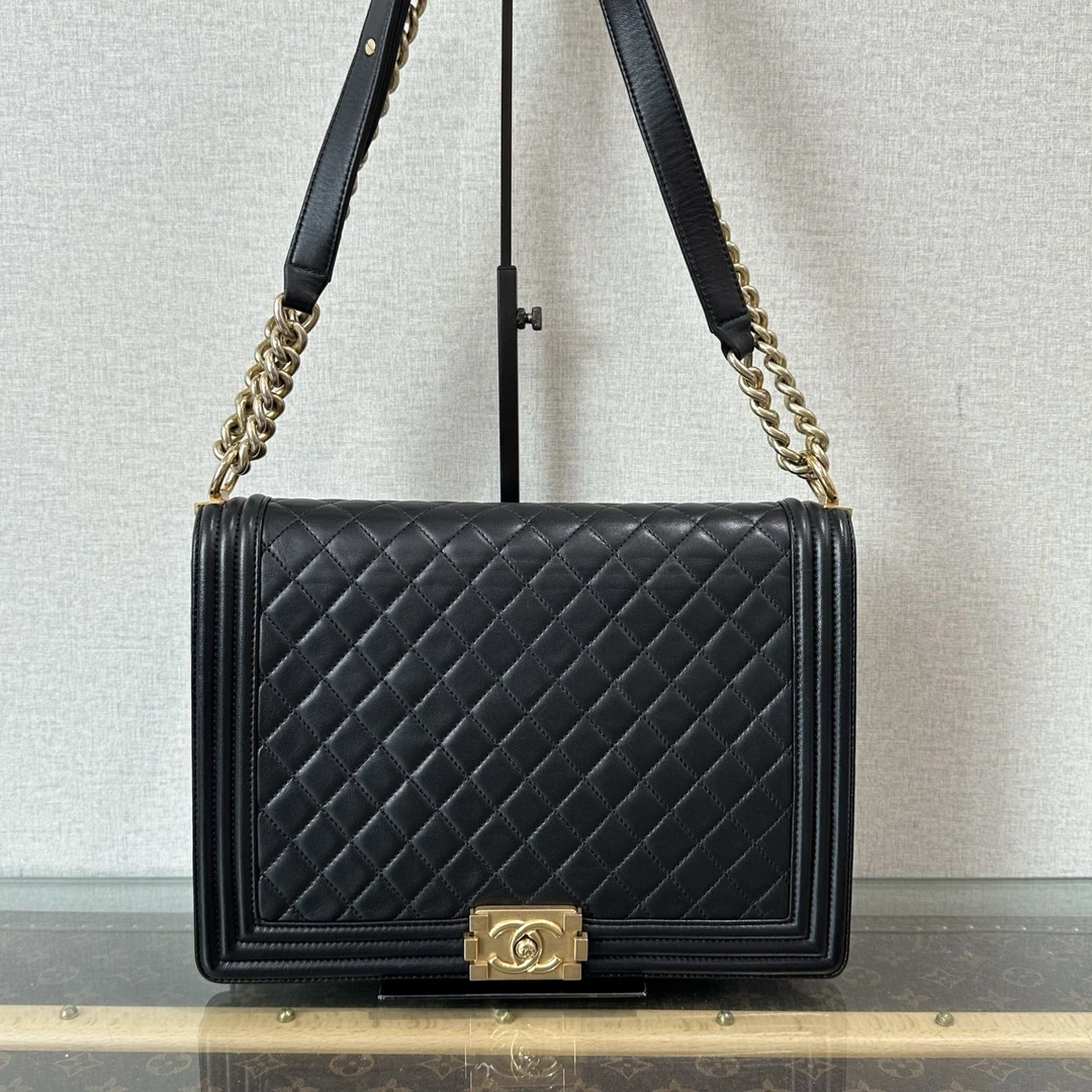 95新 Chanel/香奈儿 黑色金扣1eboy大号单肩斜挎链条包 16585