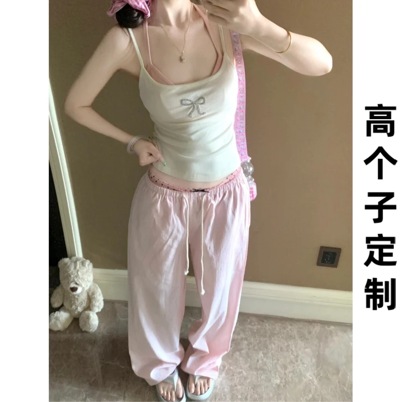 180高个子175加长粉色条纹休闲裤女夏薄款垂坠感显瘦阔腿裤拖地裤
