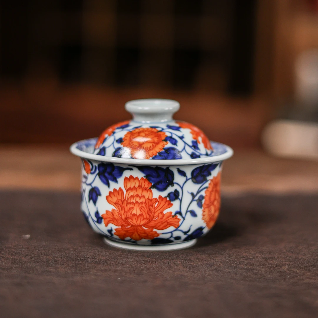 【汪汪茶器】立勤堂青花矾红碗余毅亲工内绘大花头（HLC-GW-021）
