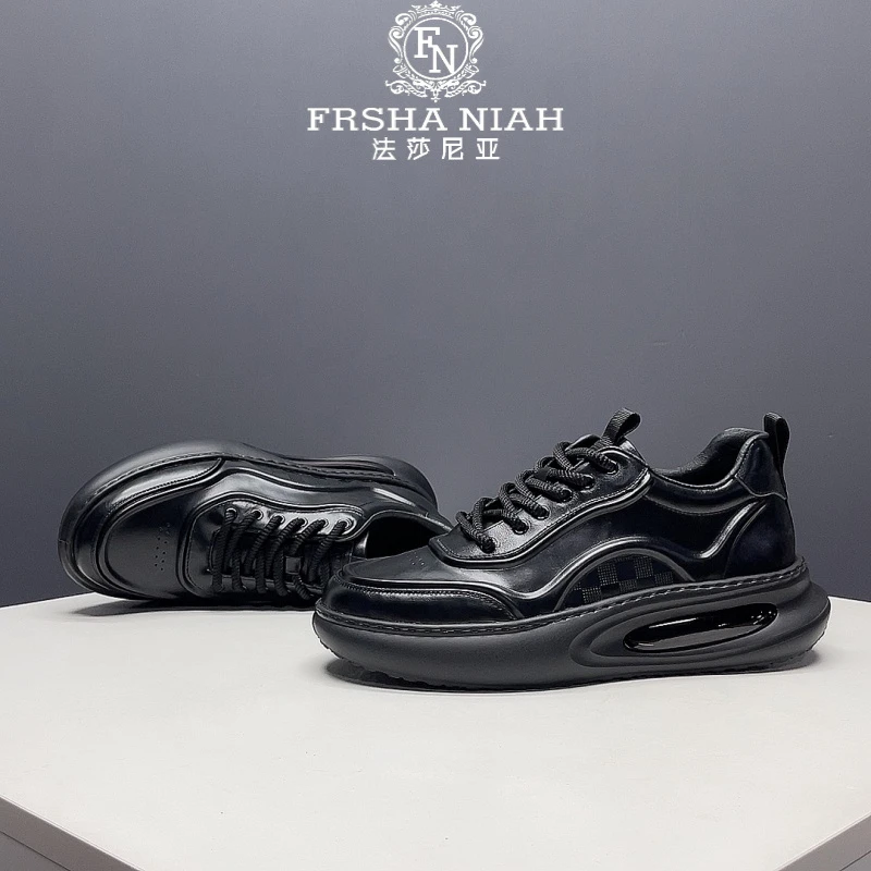 法莎尼亚新款头层牛皮休闲皮鞋系带单鞋百搭潮牌厚底增高休闲鞋