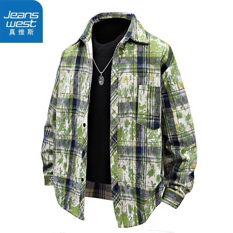 真维斯美式复古墨绿色格子衬衫男长袖春秋季百搭潮牌格纹衬衣潮