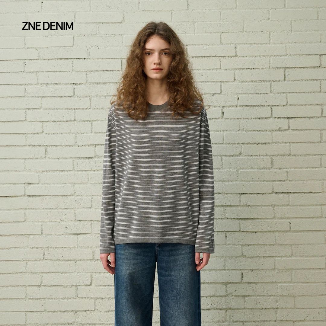 ZNE层次感撞色条纹圆领长袖针织衫MTZ687