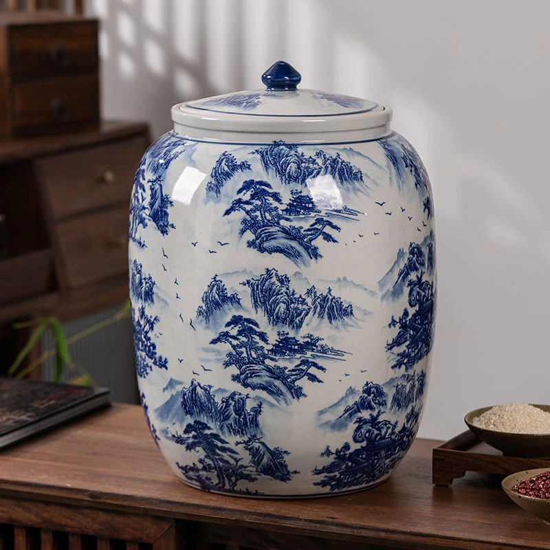 景德镇青花陶瓷米缸密封带盖厨房面缸油罐防虫防潮加厚大号储物罐