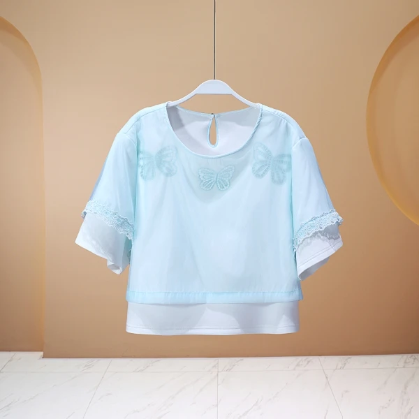 【程二女装】冰凉一夏月光白网纱拼接刺绣时尚休闲短款T恤7905