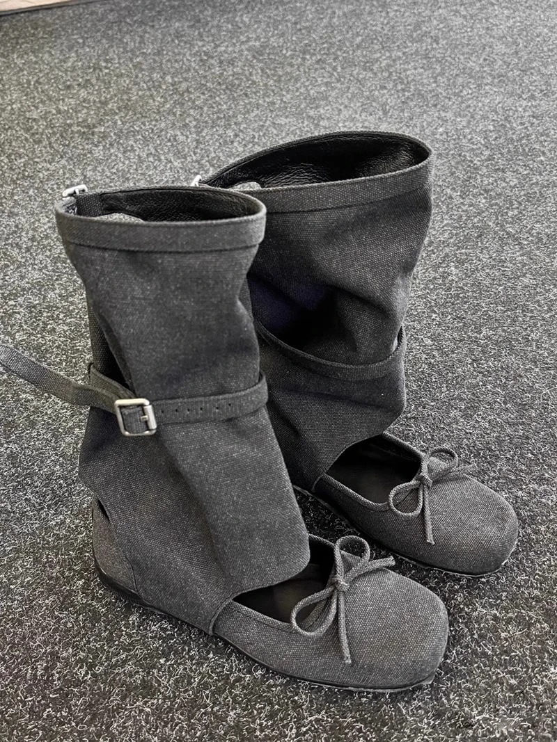 韩版小众凉靴女夏季镂空透气牛仔堆堆裤管靴蝴蝶结芭蕾风平底单鞋