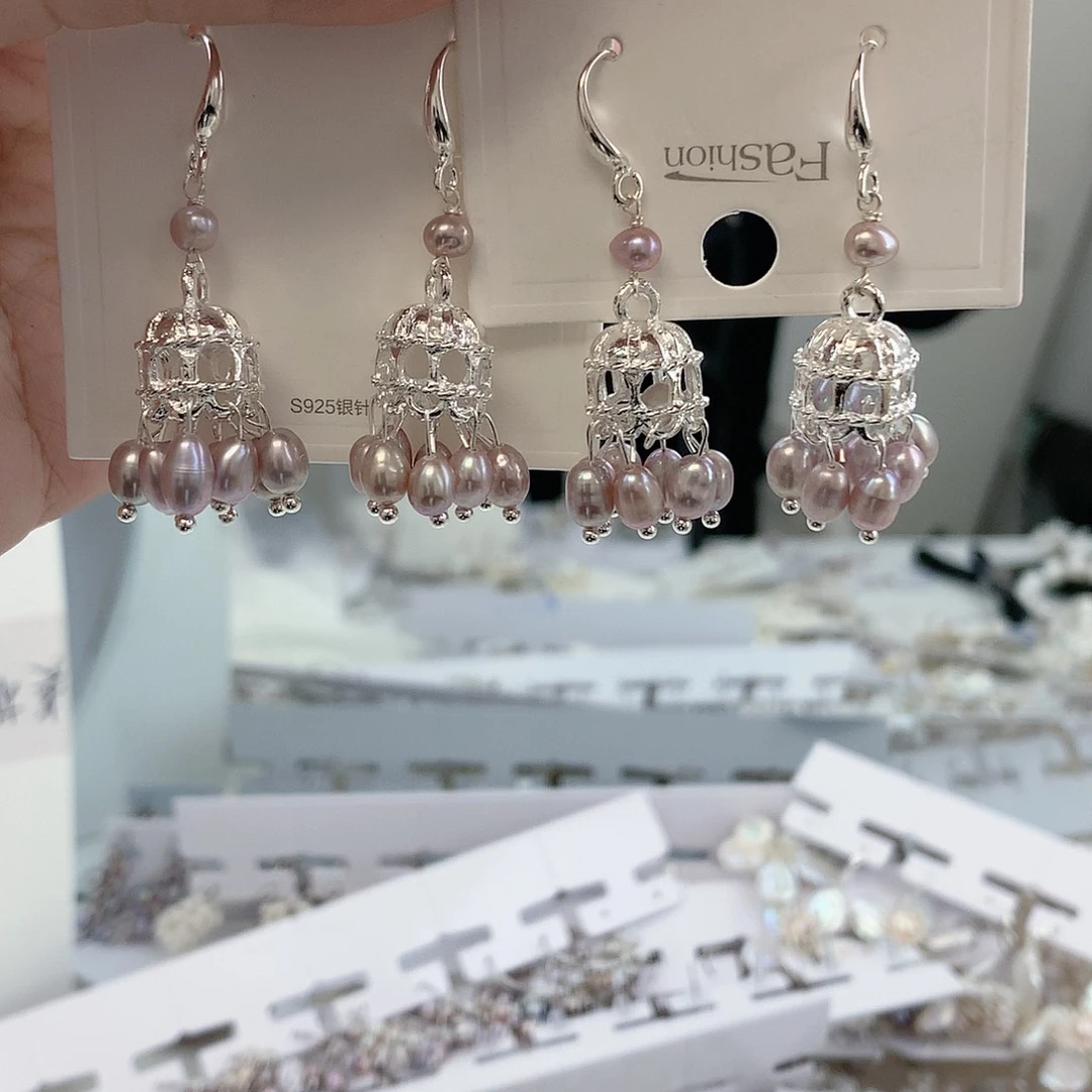 银S925镶嵌耳饰淡水珍珠紫鸟笼