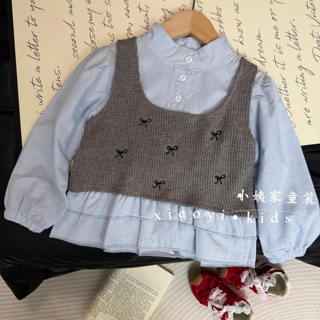 【真两件】女童上衣针织背心开扣拼接常规韩版女童长袖两件套秋季