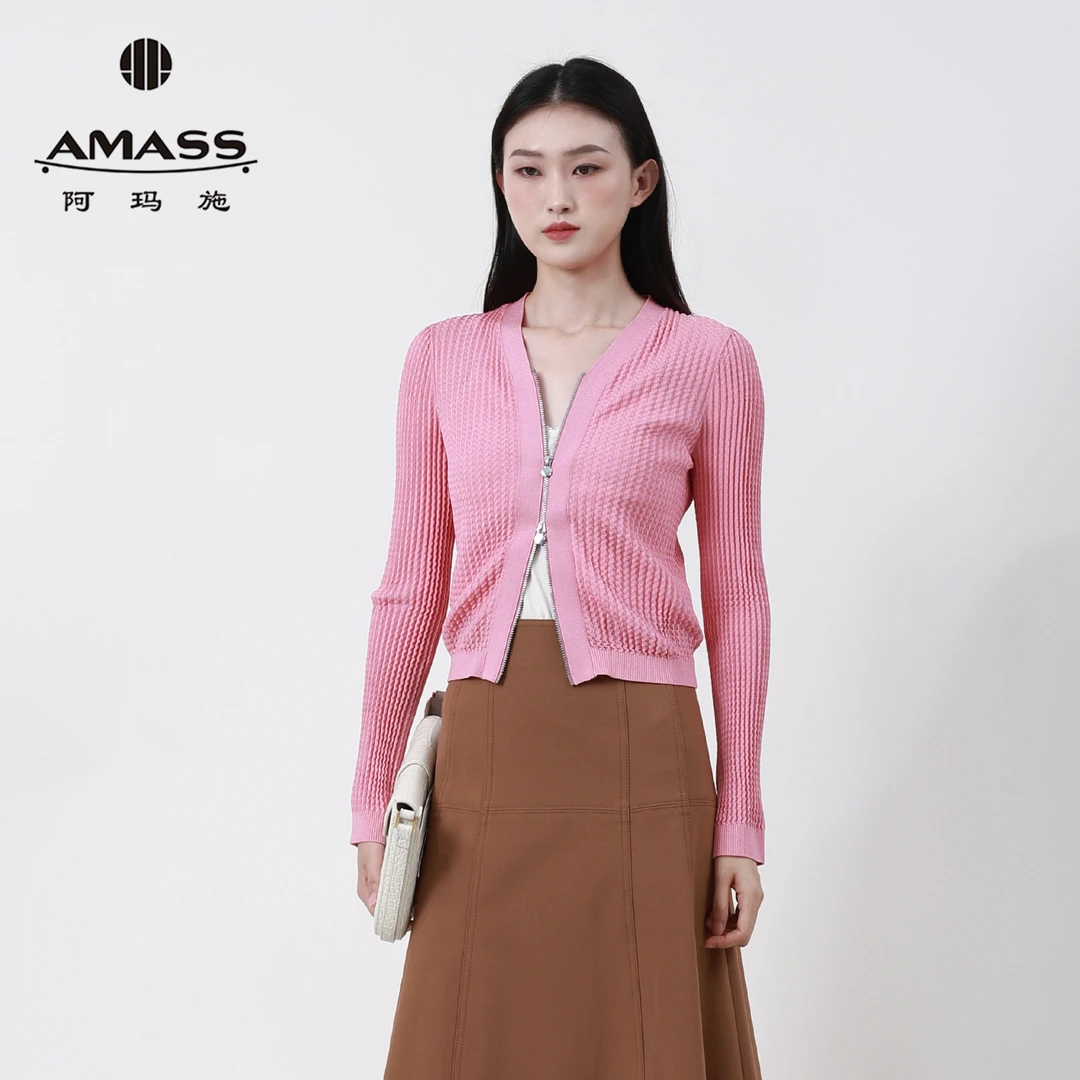 阿玛施AMASS粉色修身舒适V领波浪竖坑纹拉链针织开衫女装548026