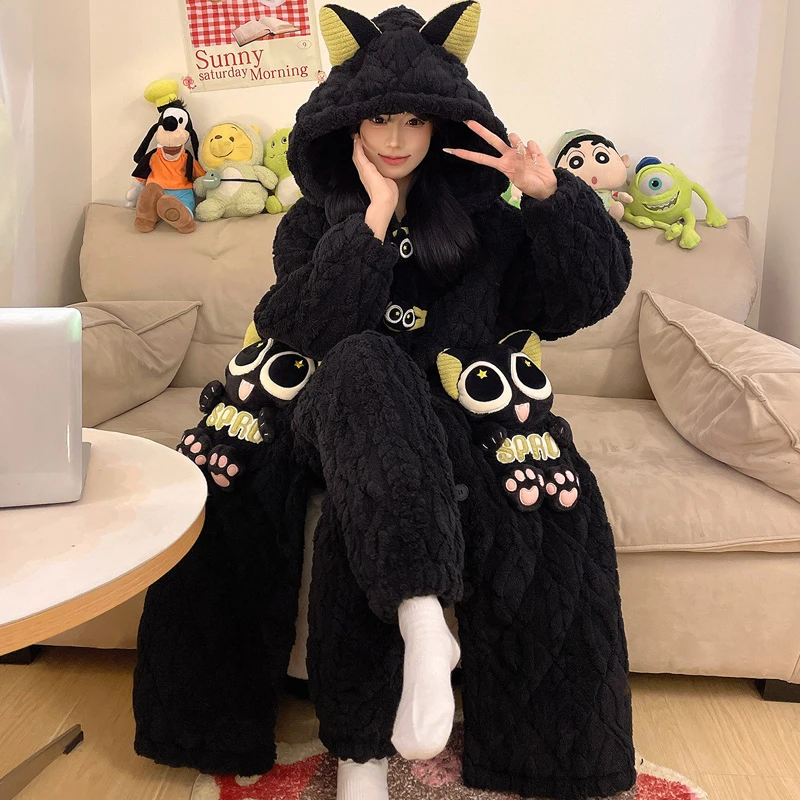 三层夹棉加厚加绒睡袍可外穿冬季睡衣女士卡通珊瑚绒家居服 9031