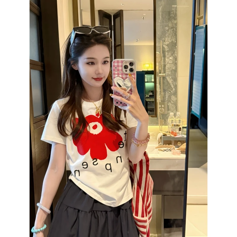 【小红花】通勤圆领印花宽松型T恤高腰小众宽松-DX2025752