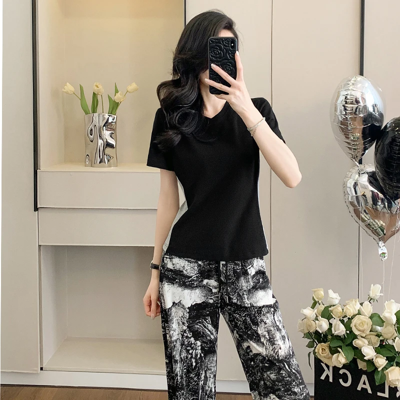 2025夏季新款黑色休闲运动套装女减龄短袖上衣阔腿裤百搭两件套