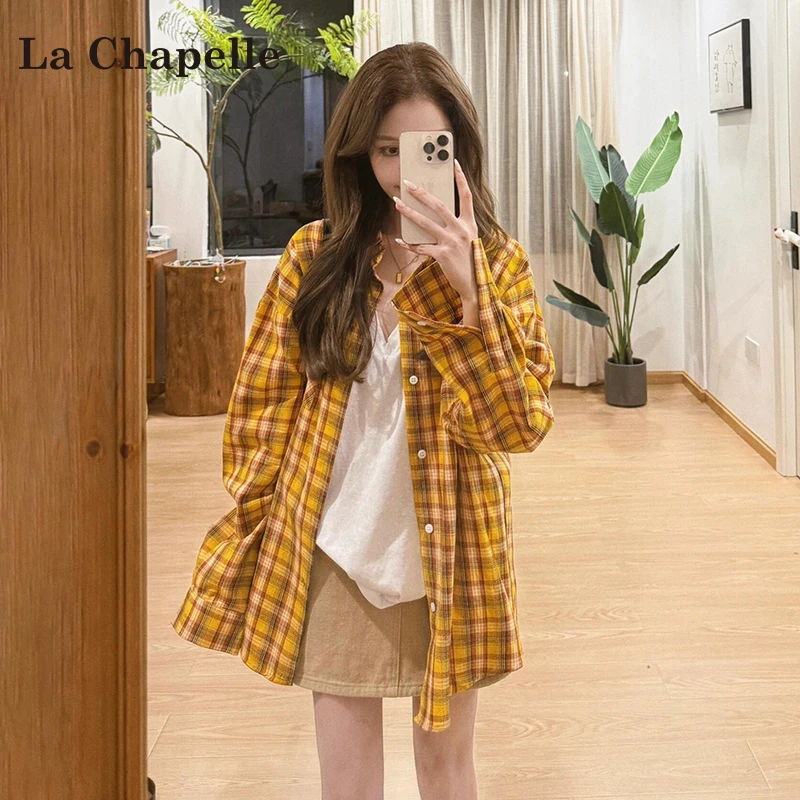 拉夏贝尔黄色格子长袖衬衫女秋季2025慵懒风宽松纯欲慵懒风女装