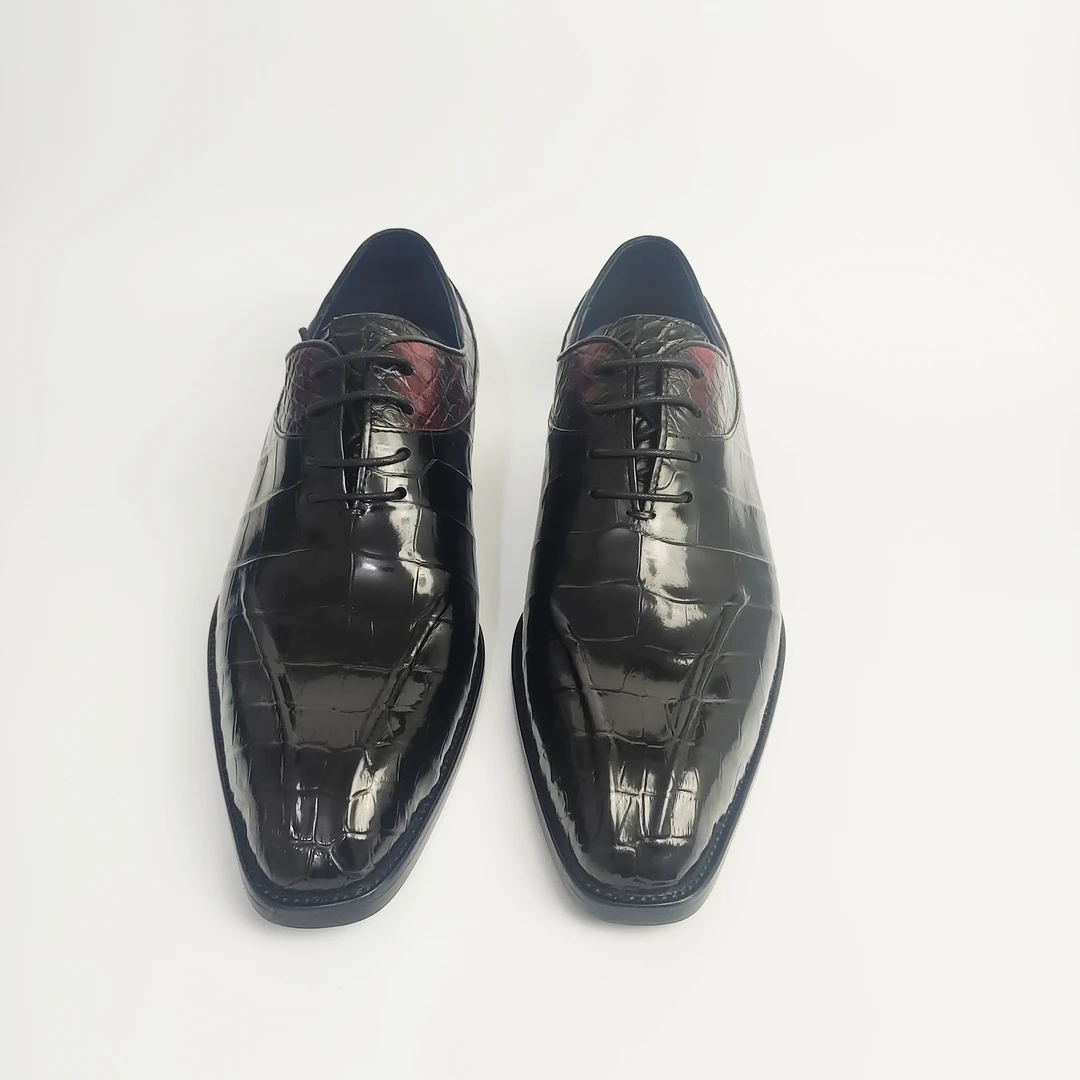 《鳄智道》尼罗鳄肚皮牛津鞋真皮商务尖头系带黑色亮皮休闲皮鞋