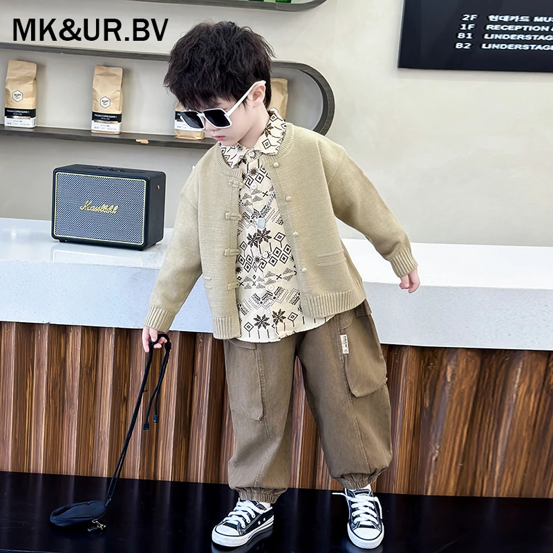 MK&UR.BV男童秋装2025年款衣服儿童秋季套装毛衣衬衫工装裤三件套