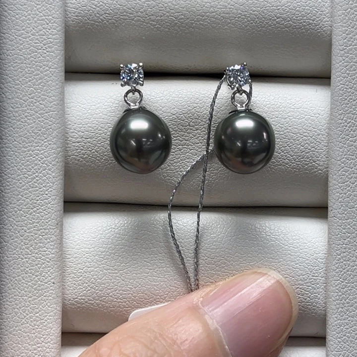 海水珍珠耳饰银S925镶嵌大溪地 9-10mm 184号