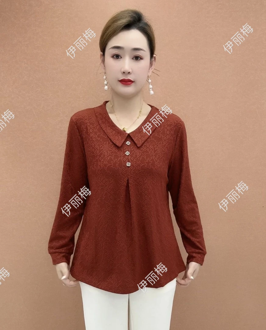 时尚妈妈装宽松舒适洋气提花娃娃领打底衫长袖上衣中老年女装