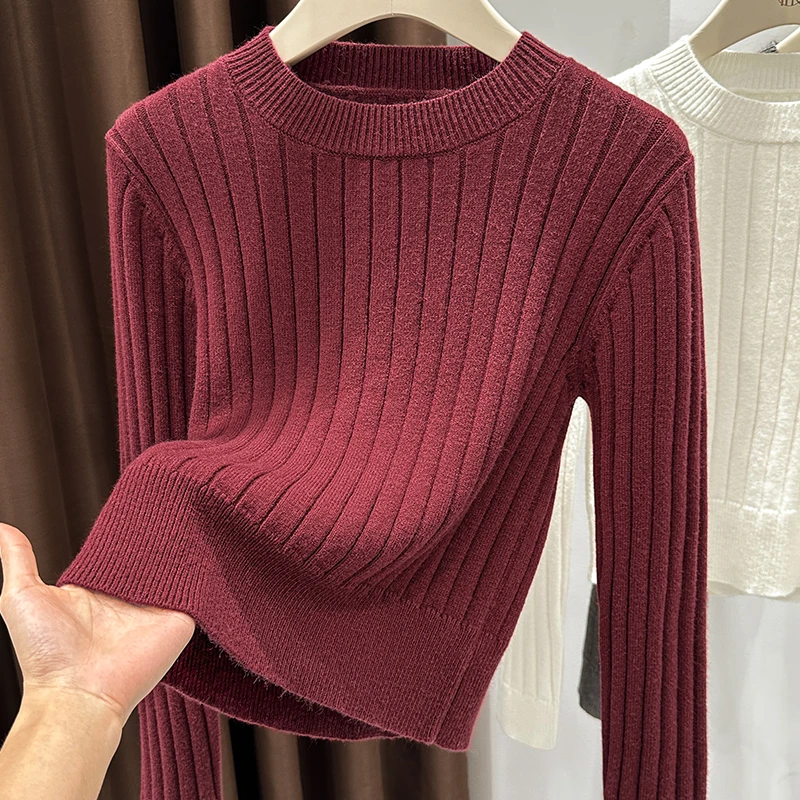 复古红色毛衣针织衫高级感长袖打底衫女秋冬洋气内搭圆领短款上衣