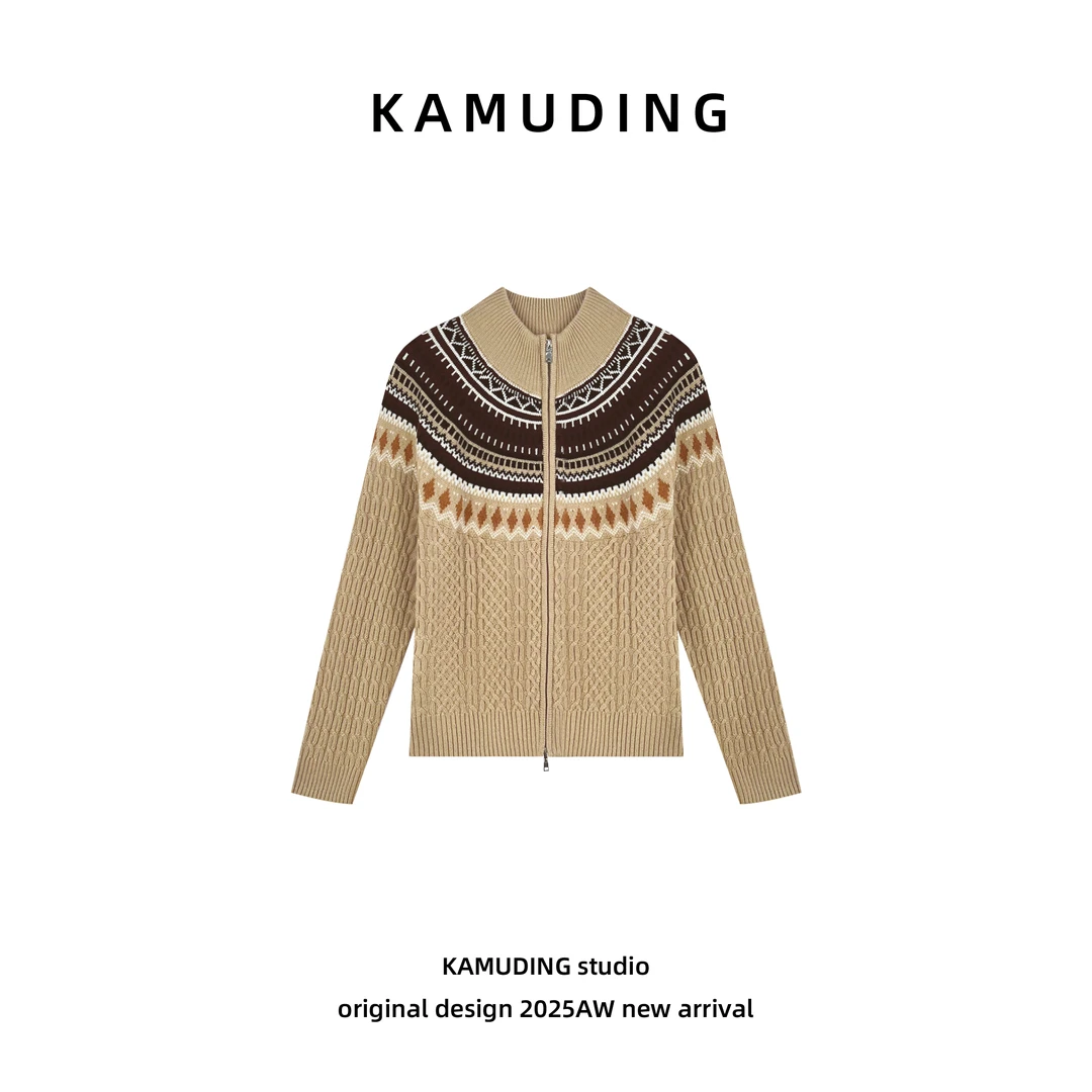 KAMUDING2025新款C复古民族风立领设计感小众提花针织开衫25360