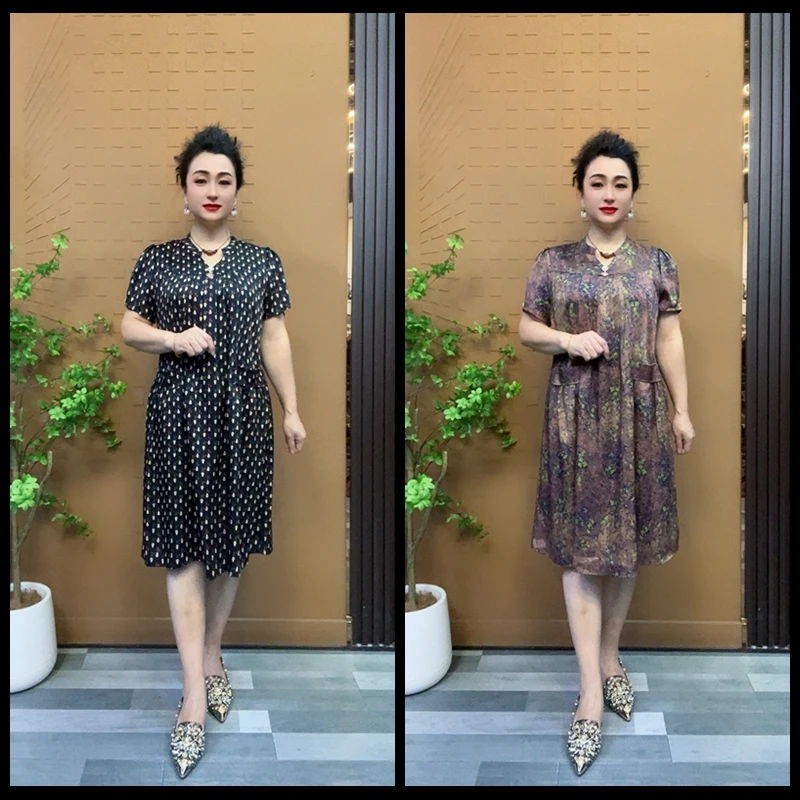 修身型时尚V领中长款中老年女装复古大码减龄裙子