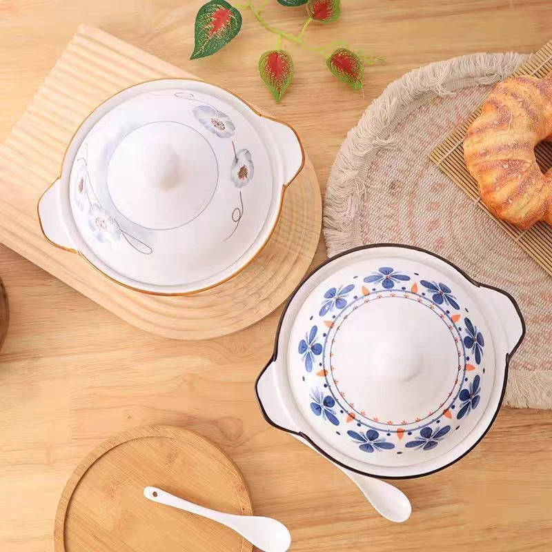 8.2英寸小清新现代泡面碗双耳防烫家碗用猪油罐釉下彩（不可明火）