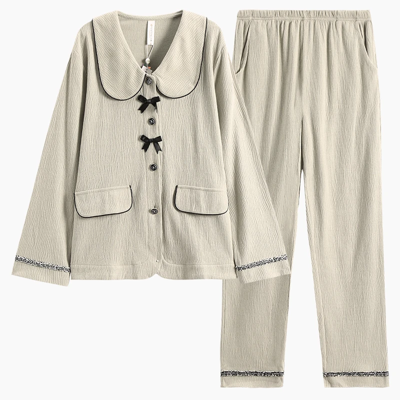 芬腾睡衣女长袖开衫纯棉大翻领新款长裤家居服两件套春秋季简约套