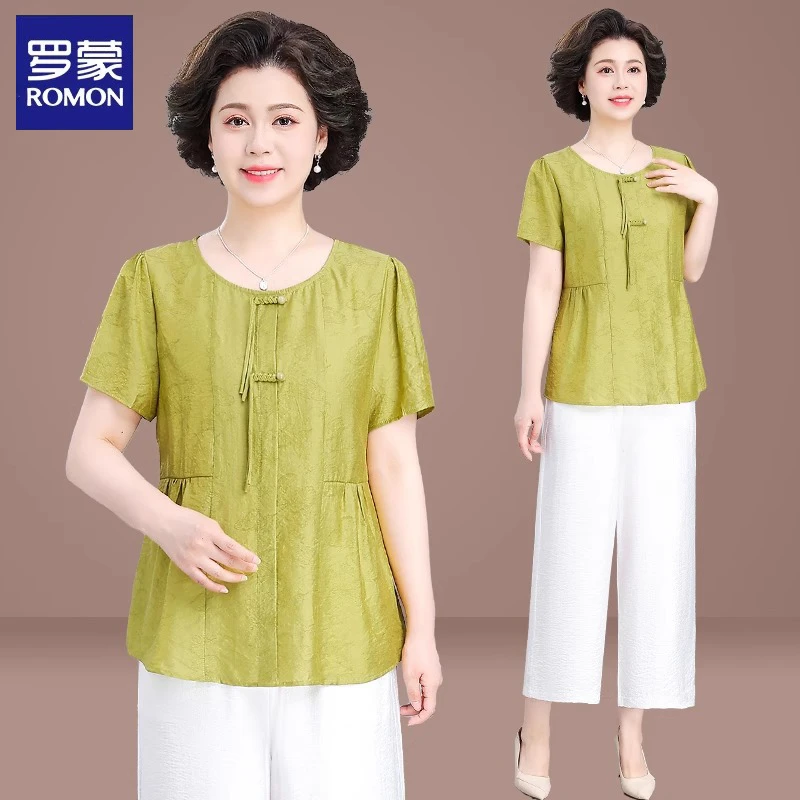 罗蒙品牌妈妈夏装套装2025新款中老年女夏季短袖小衫洋气高端上衣