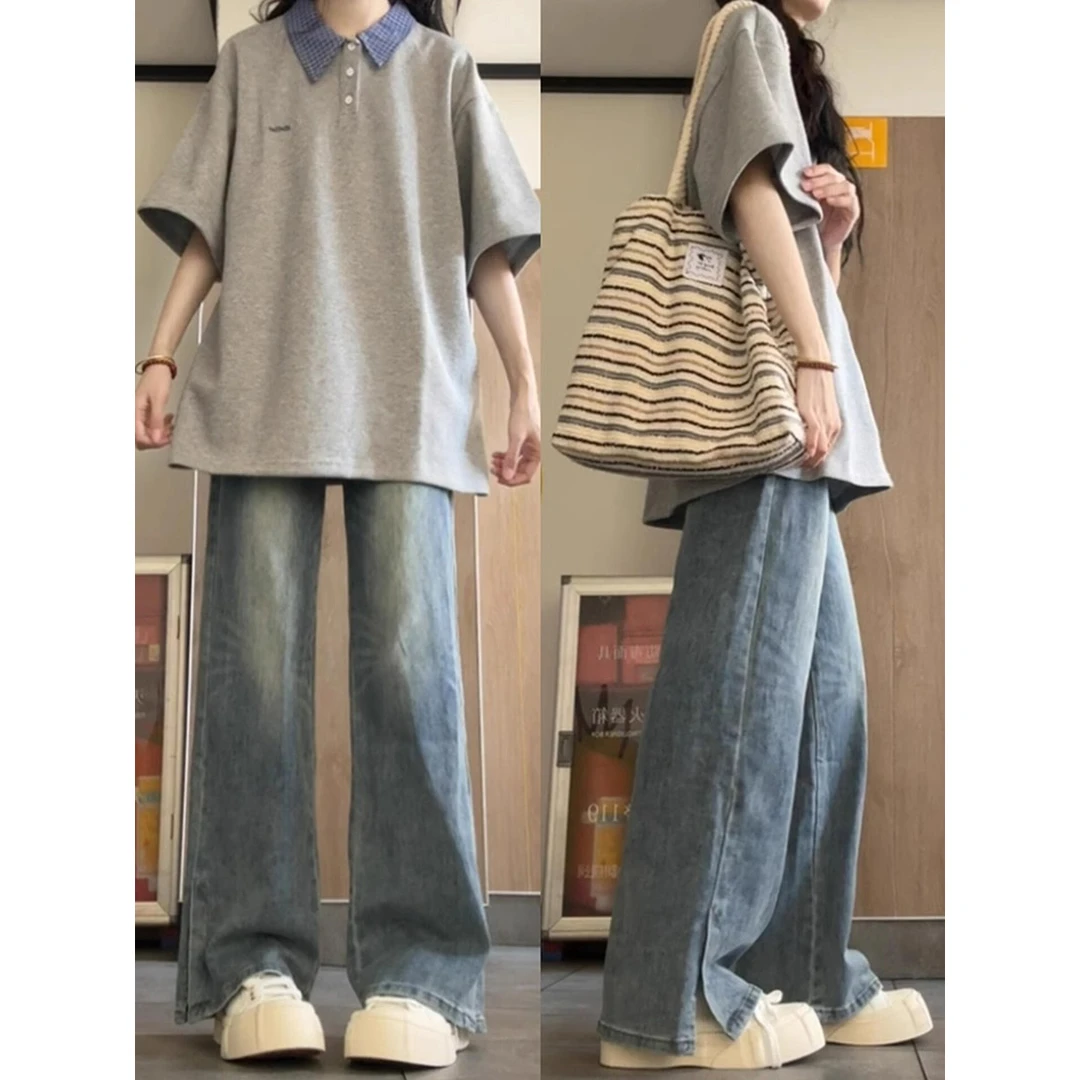 美式复古拼接polo领纯棉短袖t恤女夏季新款oversize韩版百搭上衣