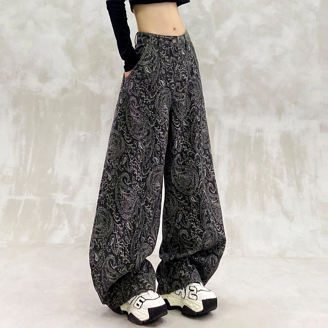 炫酷印花设计休闲牛仔弯刀裤女秋新款高腰宽松显瘦百搭直筒香蕉裤