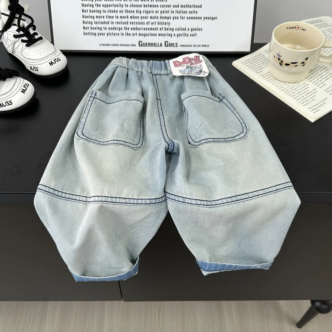 【仟与】儿童牛仔裤夏季新款男童裤子欧若风贴标拼接裤CK173