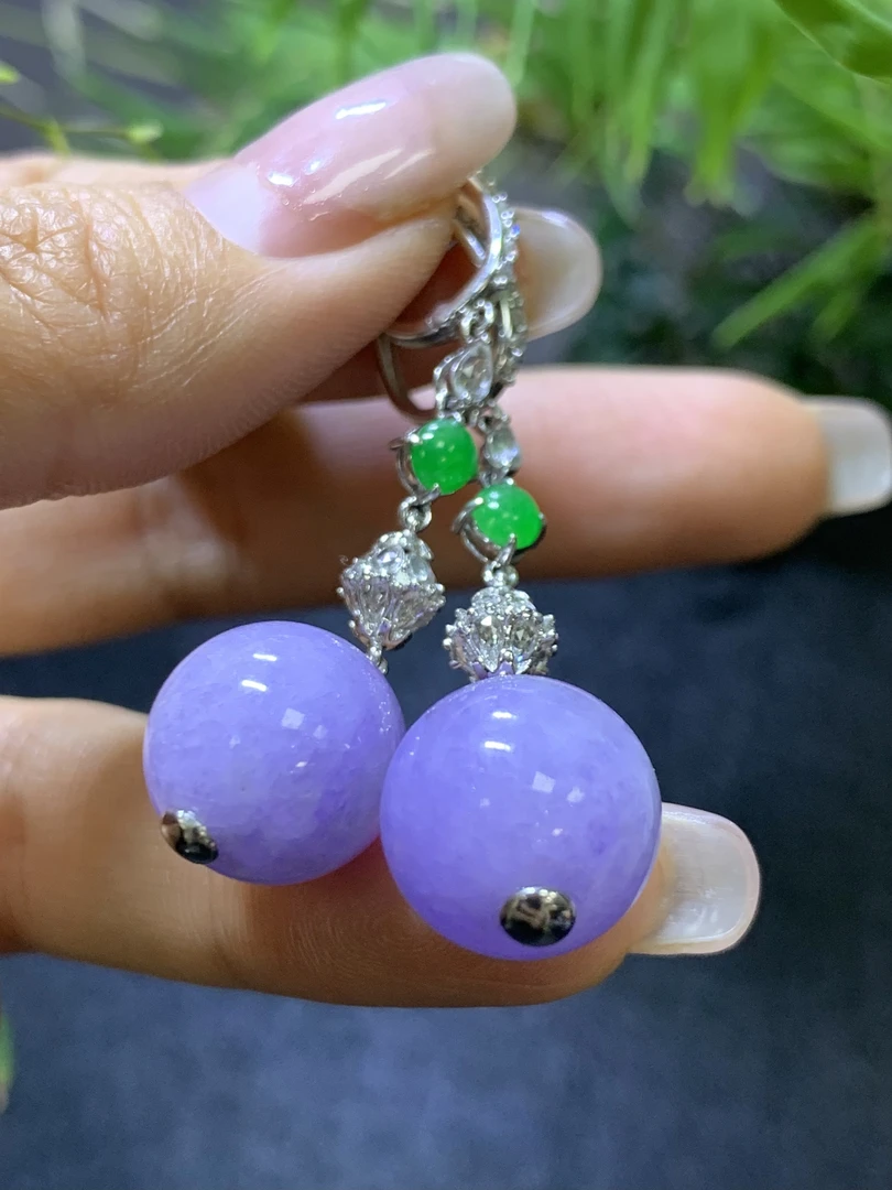 浓紫圆珠耳坠天然翡翠A货尺寸：12.8mmGH1.15紫色梦幻珠珠耳勾时尚