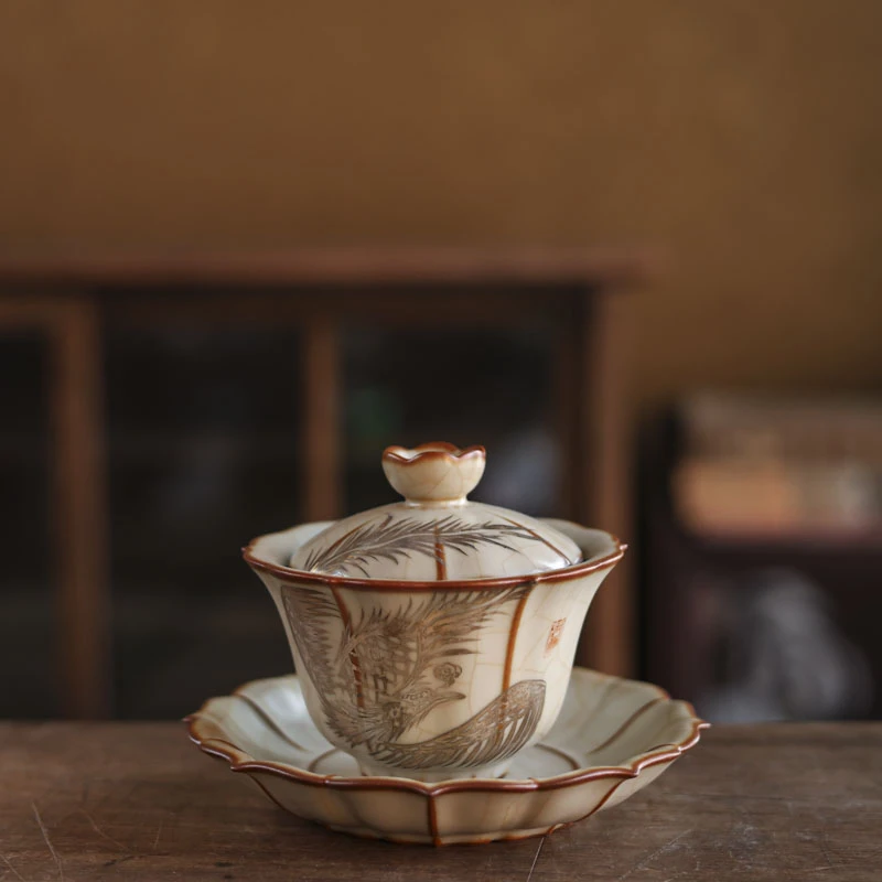 江祖清 汝窑 金丝铁线 凤盖碗（X7211）