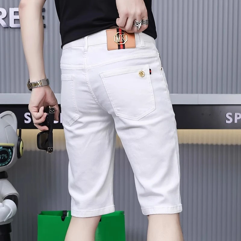 吉伦略索欧货轻奢白色牛仔短裤男夏季小脚中裤弹力时尚休闲修身裤