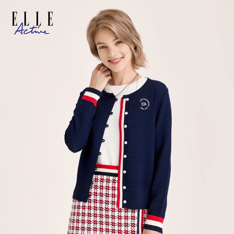 ELLE Active春秋时尚短款开衫女装外套针织衫上衣休闲圆领空调衫