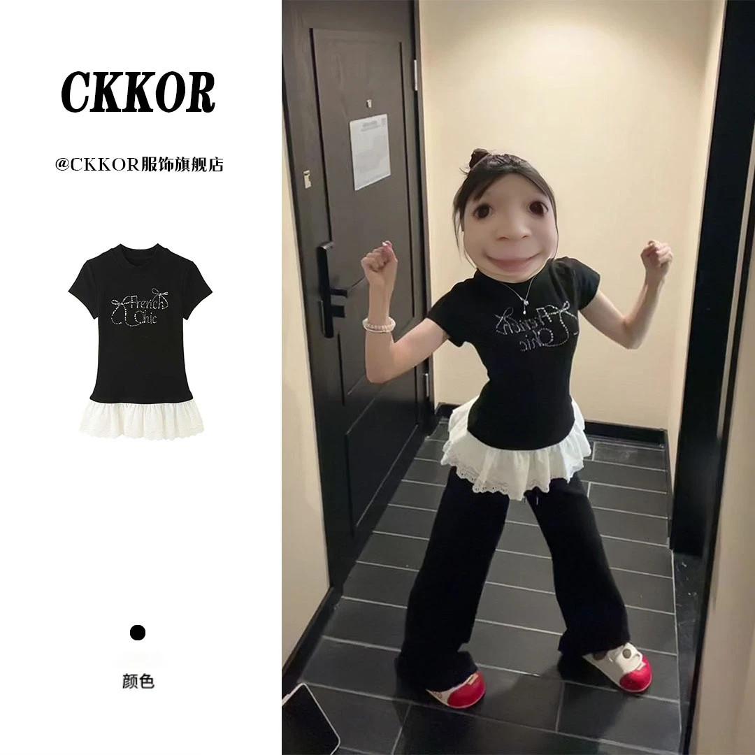 CKKOR夏季新款拼接显瘦上衣烫钻修身慵懒感T恤小众ins欧美学院风