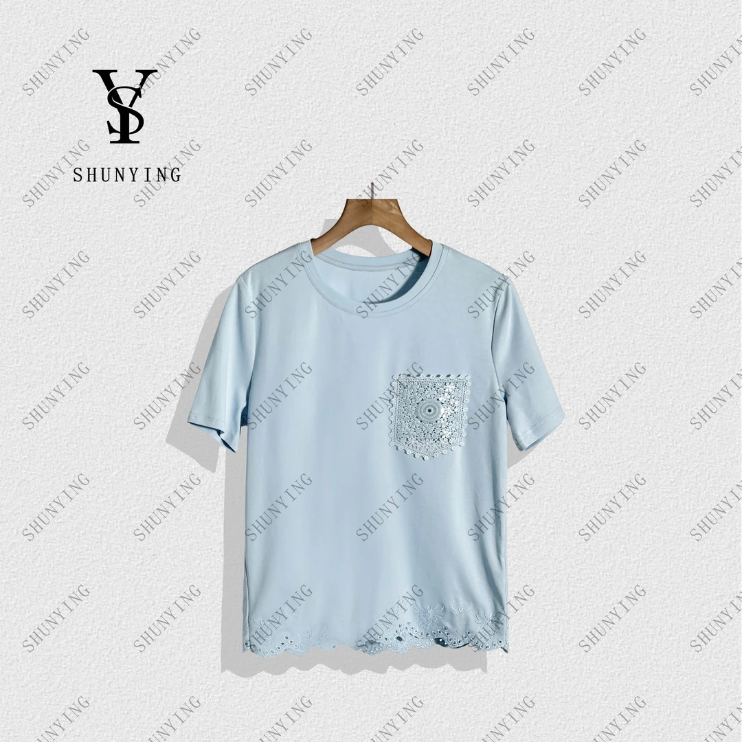【顺瀛】柔软细腻~设计感下摆波浪时尚刺绣短袖T恤SY71T1708