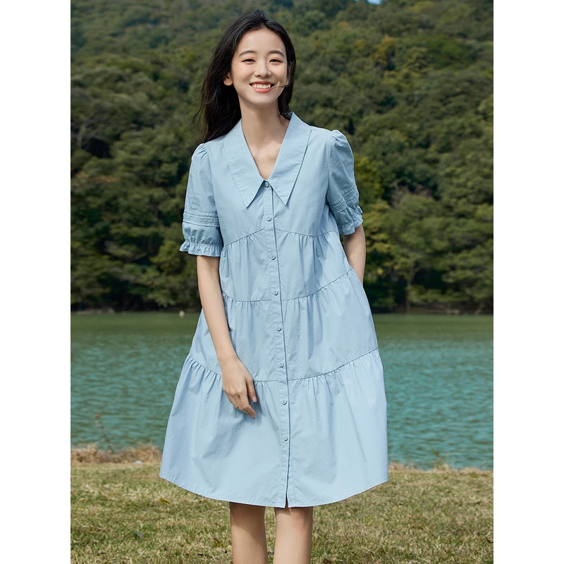 【强哥专属】茵曼裙子清凉娃娃领泡泡袖A字连衣裙18525990