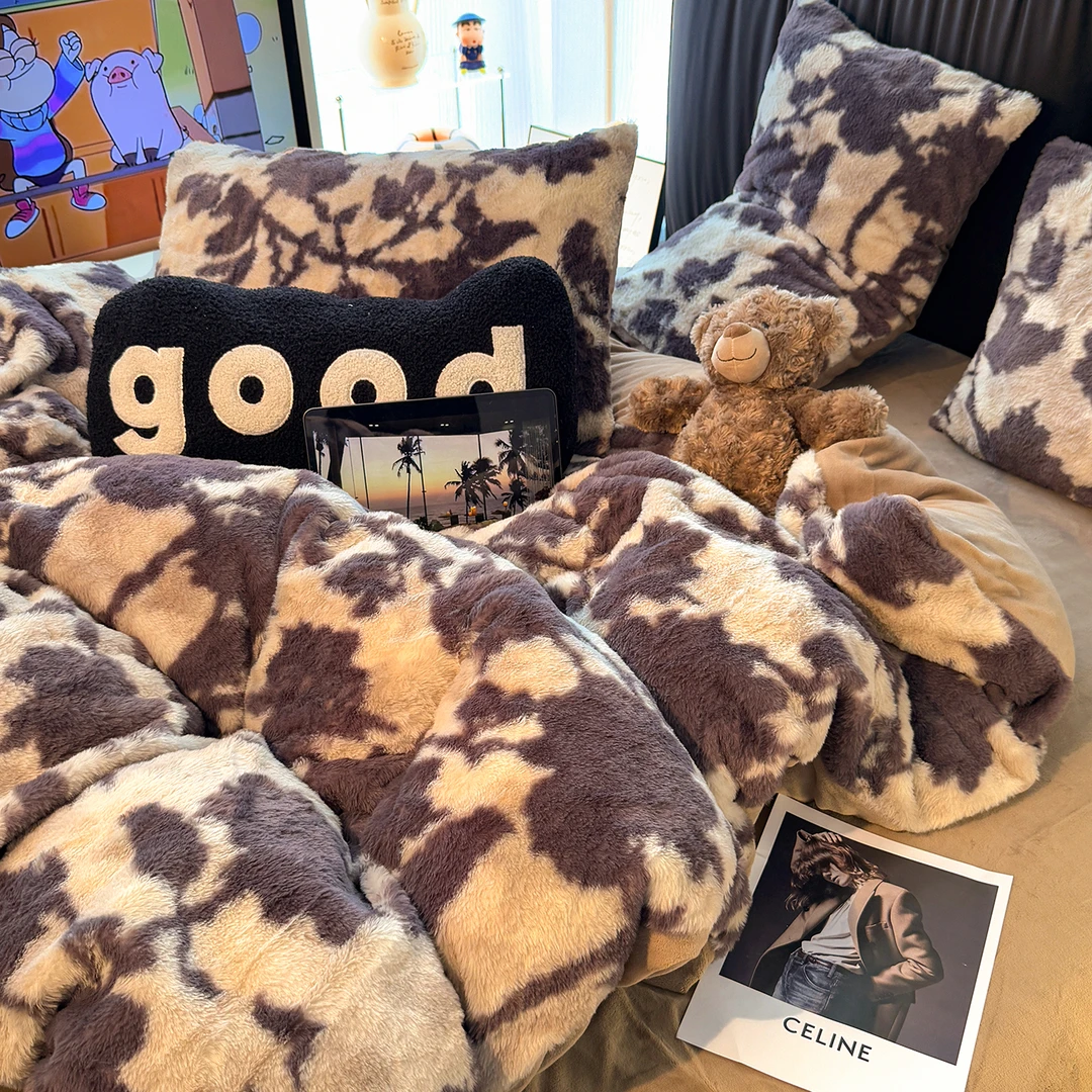 秋冬季美拉德兔毛绒床上四件套轻奢双面牛奶珊瑚绒被套床单三件套