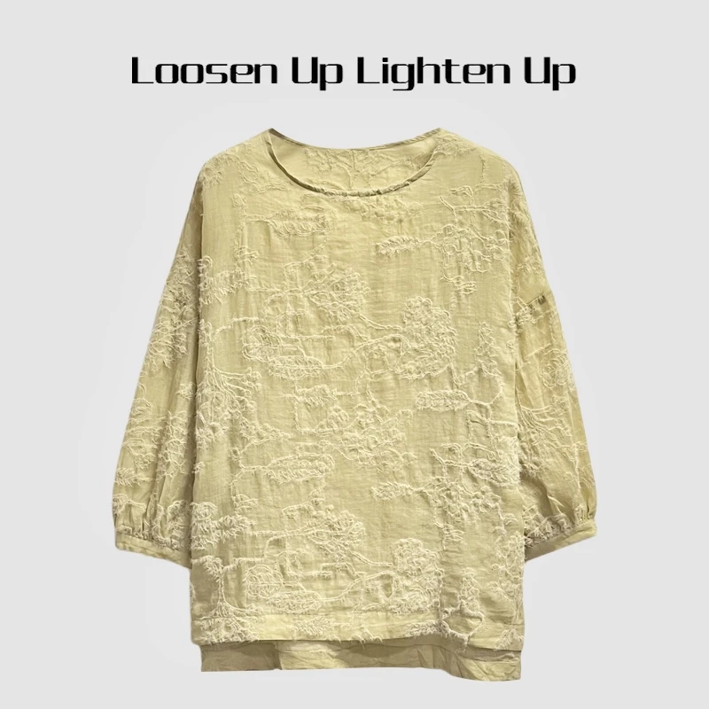 Loosen Up【一路繁花】法式浪漫高支苎麻手摇绣花宽松廓形圆领上衣