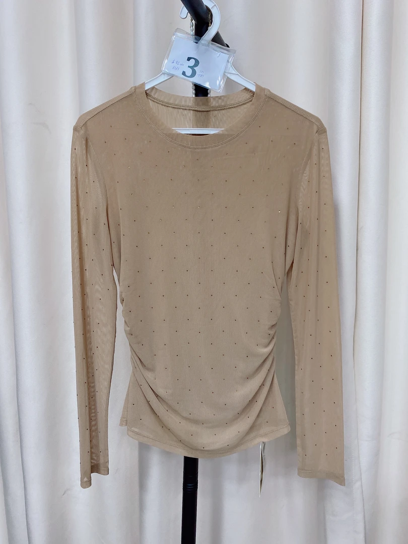 轻奢知N恩秋冬紫色咖色圆领长袖烫钻上衣有弹力 春秋可穿 6981