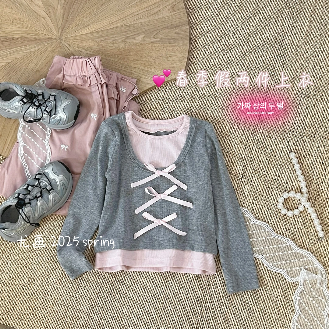 尤画2025春款新款女童假两件儿童女孩蝴蝶结打底衫T恤67079