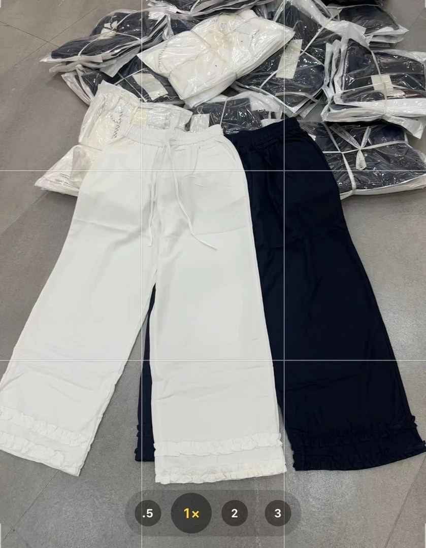 夏季薄款高腰九分阔腿休闲裤女黑色褶皱木耳花边设计