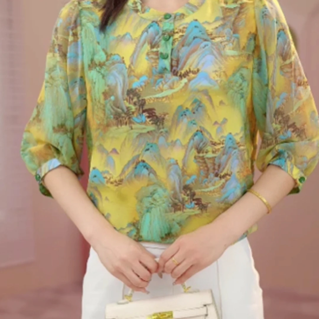 712-[高品质]气质优雅时尚碎花衬衫七分袖