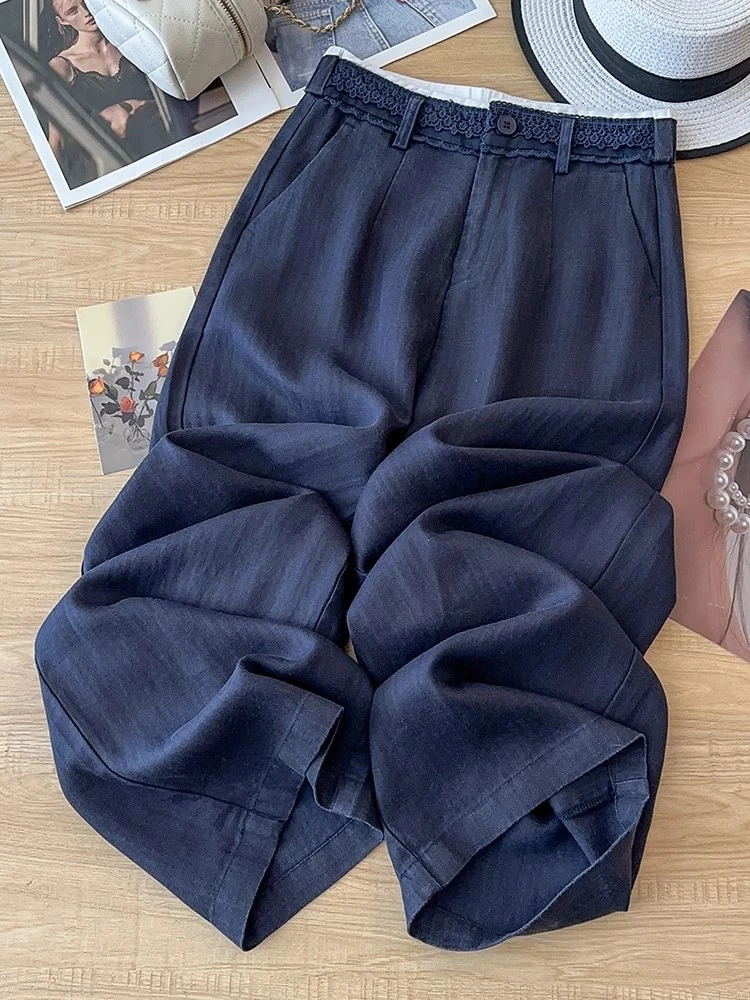 藏蓝色时尚裤女夏季2025新款今年流行爆款流行夏休闲慵懒阔腿裤子
