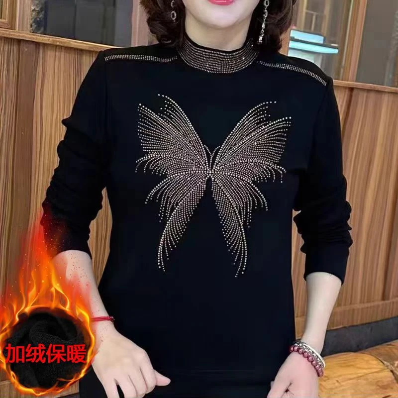 230#冬季高品质一体绒高弹力气质烫钻打底衫（XL~6XL 90~165斤）