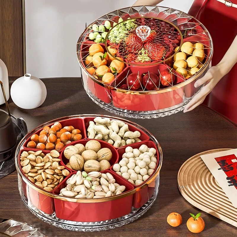 西邮哥【新疆包邮】旋转果盘糖果盒茶几干果零食摆放盘分格带盖密封