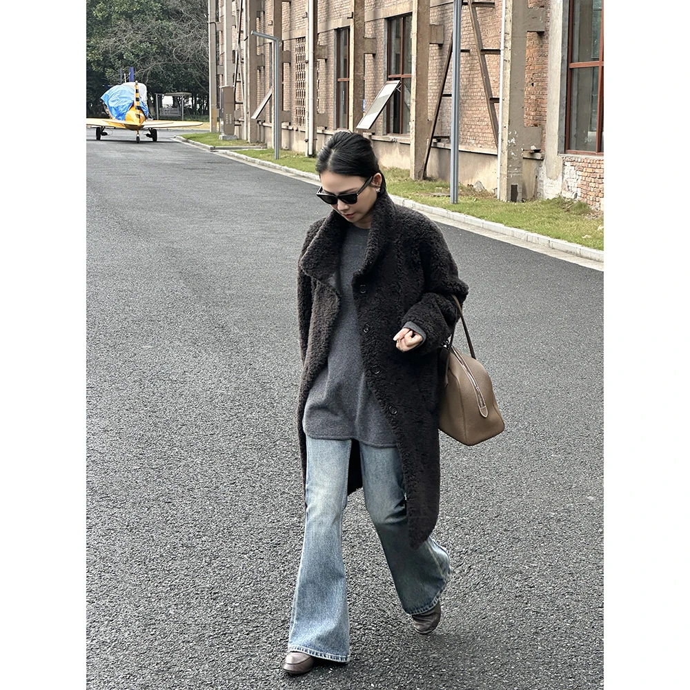 黑色中长款立领绵羊毛颗粒加厚宽松保暖外套女反季Z7510