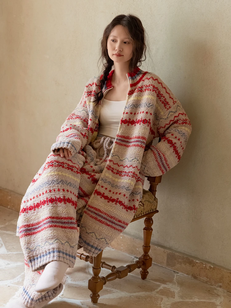 族玛士3651秋冬女士复古半边绒针织睡衣套装可外穿家居服
