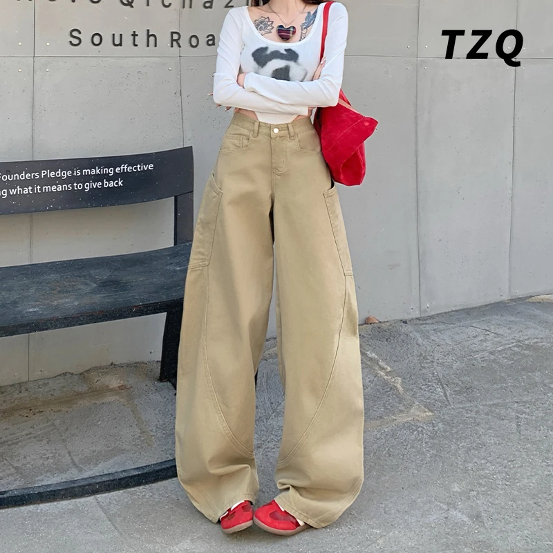 美式复古设计感大口袋弯刀牛仔裤女2025新款拖地阔腿裤TZQ2522044