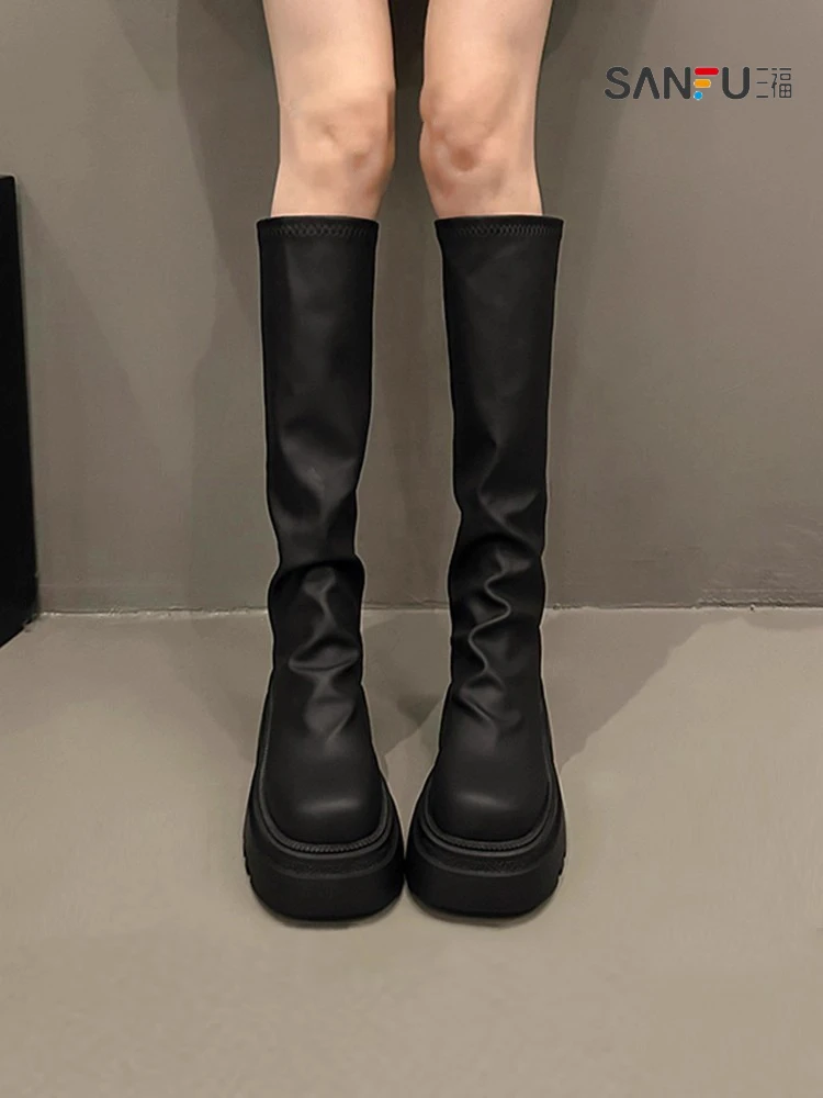 三福长筒靴女2025秋季新款不过膝高筒骑士靴小个子堆堆长靴马丁靴